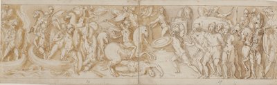 Soldados romanos cruzando um rio em barcos (em grande parte restauração; XXXIV)2; um soldado romano combatente (a partir do final do XXIV); Guardas romanos trazendo prisioneiros bárbaros perante o imperador (omitido no desenho; final do XXV); início de uma de Giovanni Guerra