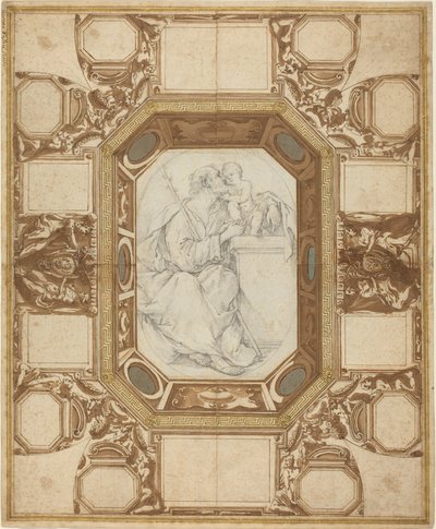 Teto com Figuras Alegóricas e Armas do Papa Sisto V (desenho exterior de Guerra); São José e o Menino Jesus (desenho central de Viani) de Giovanni Guerra and Domenico Maria Viani