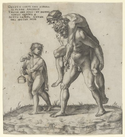 Enéias resgatando Anquises, um menino carregando uma lanterna à esquerda, ca. 1525., c. 1525. de Giovanni Jacopo Caraglio