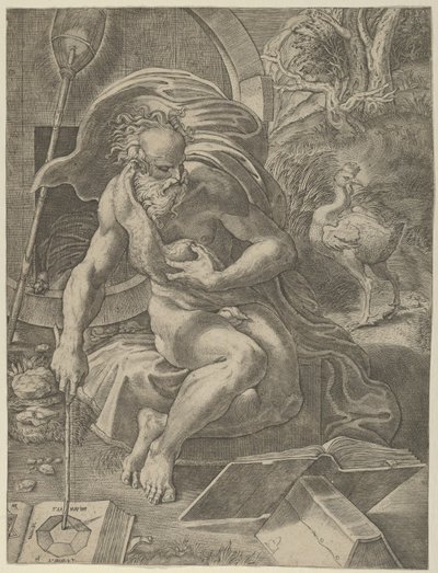 Diógenes sentado com seu barril atrás dele, e lendo um livro segurando um bastão..., ca. 1526-27. de Giovanni Jacopo Caraglio