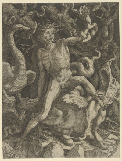 Fúria personificada como um velho montado em um monstro, segurando uma caveira na mão esquerda, c..., ca.1520-39. de Giovanni Jacopo Caraglio
