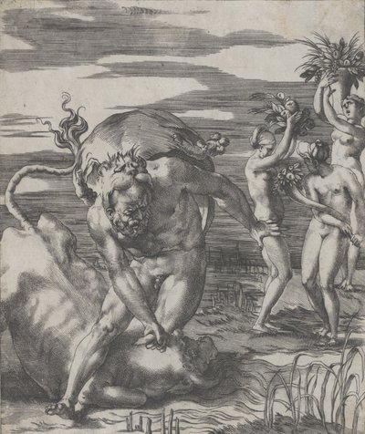 Hércules derrotando o deus do rio Aqueloo na forma de um touro, com três mulheres t..., ca. 1526-27. de Giovanni Jacopo Caraglio