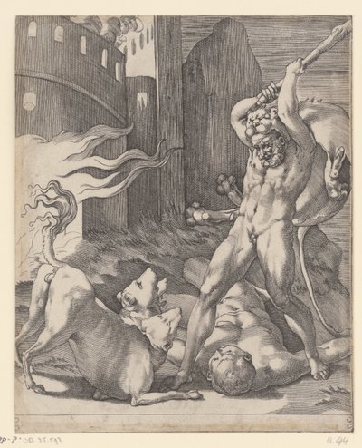 Hércules luta contra o Cerberus Cenas com Hércules (título da série) de Giovanni Jacopo Caraglio