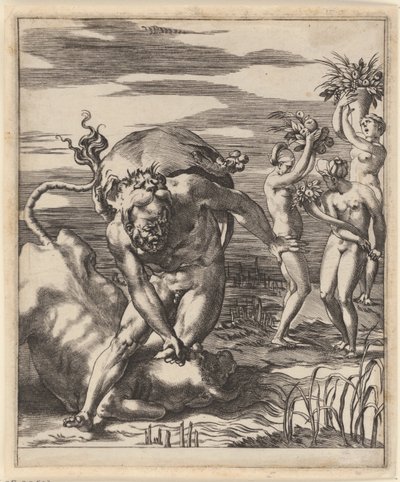 Hércules luta com Aqueloo Cenas com Hércules (título da série) de Giovanni Jacopo Caraglio