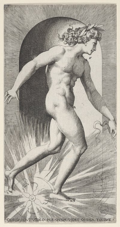 Gravura 11: Apolo montando sua carruagem em um nicho, virado para a direita, de uma série de mitologias..., 1526. de Giovanni Jacopo Caraglio