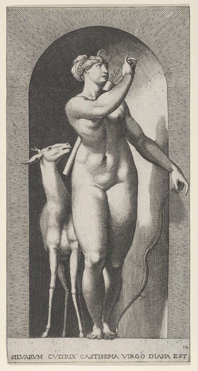 Placa 12: Diana de pé em um nicho, girando para a esquerda e puxando uma flecha de um qu..., 1526. de Giovanni Jacopo Caraglio