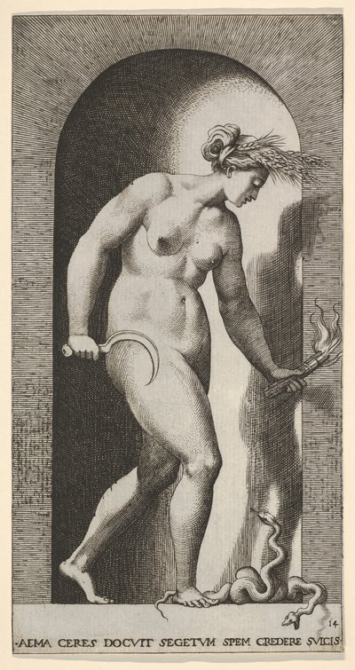 Gravura 14: Ceres em nicho, virado para a direita, de pé sobre uma cobra de duas cabeças e segurando um h..., 1526. de Giovanni Jacopo Caraglio