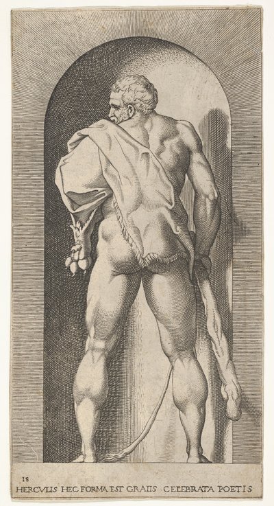Ilustração 15: Hércules em pé em um nicho, vestindo uma pele de leão e segurando um porrete, visto de ..., 1526. de Giovanni Jacopo Caraglio