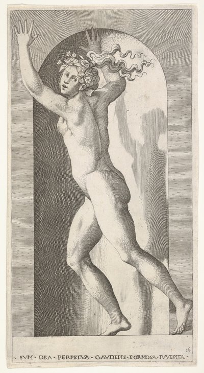 Ilustração 16: Hebe em um nicho com as mãos no ar, correndo para a esquerda enquanto olha para ..., 1526. de Giovanni Jacopo Caraglio