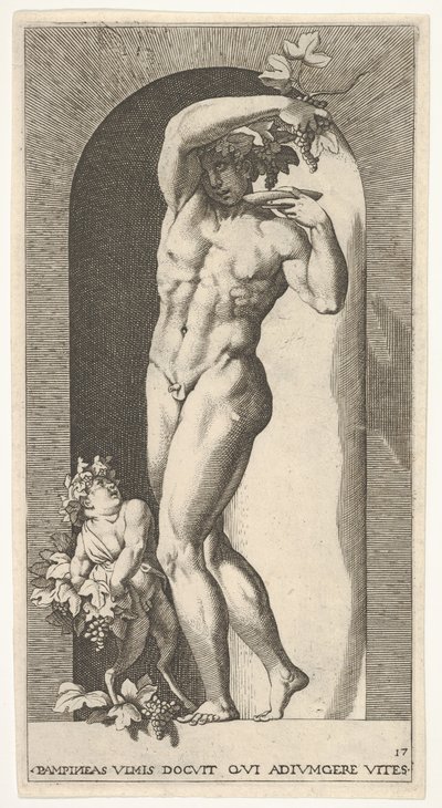 Ilustração 17: Baco em pé em um nicho, segurando uvas sobre um prato, acompanhado de uma infa ..., 1526. de Giovanni Jacopo Caraglio