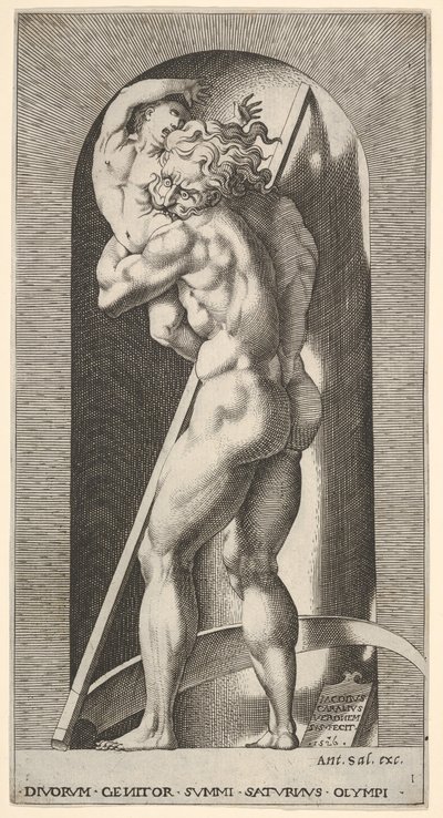 Ilustração 1: Saturno em um nicho que devora seu filho, diante de uma foice, de uma série de m ..., 1526. de Giovanni Jacopo Caraglio