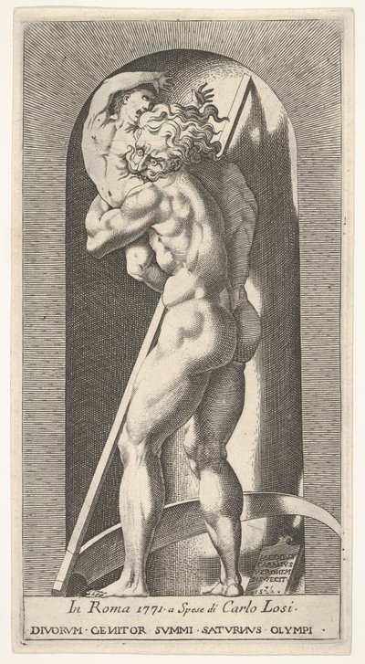 Ilustração 1: Saturno em um nicho que devora seu filho, diante de uma foice, de uma série de m ..., 1526. de Giovanni Jacopo Caraglio