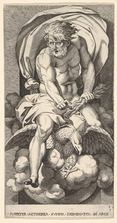 Ilustração 3: Júpiter emergindo de um nicho, montando uma águia e segurando um raio em sua l ..., 1526. de Giovanni Jacopo Caraglio