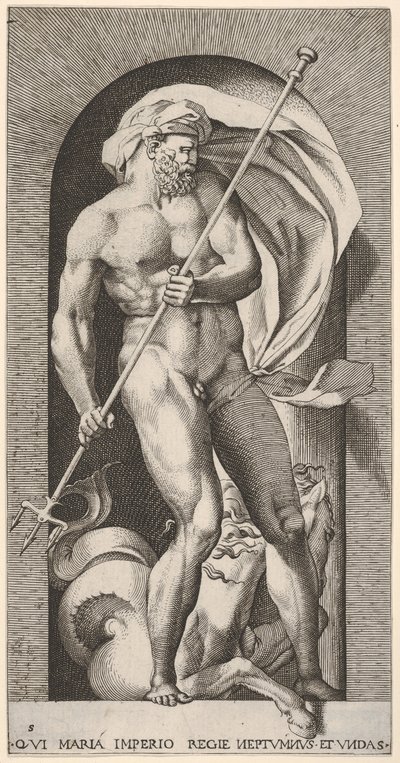Gravura 5: Netuno em pé em um nicho segurando um tridente, com um cavalo-marinho hipocampo beh..., 1526. de Giovanni Jacopo Caraglio