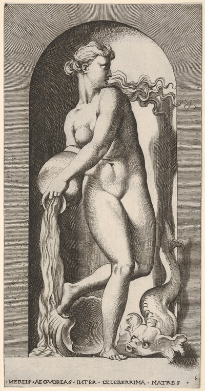 Ilustração 6: Thetis de pé em um nicho com uma concha e criatura marinha, derramando água de um ..., 1526. de Giovanni Jacopo Caraglio