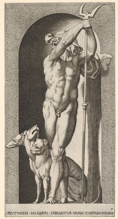 Ilustração 7: Plutão em um nicho, segurando um bidente, com Cerberus ao lado dele, de uma série de m ..., 1526. de Giovanni Jacopo Caraglio