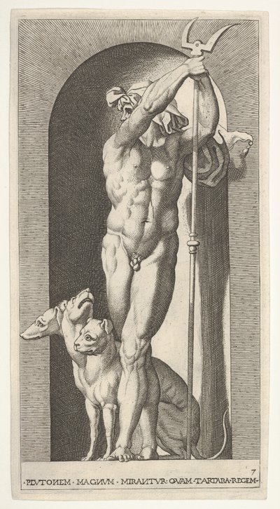 Ilustração 7: Plutão em um nicho, segurando um bidente, com Cerberus ao lado dele, de uma série de m ..., 1526. de Giovanni Jacopo Caraglio