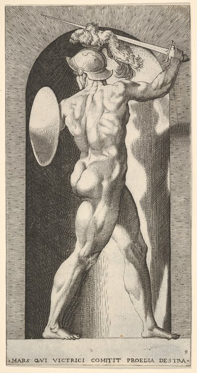 Ilustração 9: Marte em um nicho, segurando uma espada acima da cabeça com o braço direito e um escudo ..., 1526. de Giovanni Jacopo Caraglio