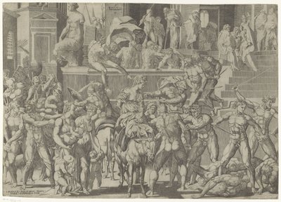 Batalha entre os romanos e os sabinos Raptus Sabinaro (título no objeto) de Giovanni Jacopo Caraglio