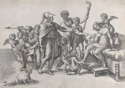 O casamento de Alexandre e Roxana, Alexandre cercado por putti, oferecendo uma coroa t..., 1520-39. de Giovanni Jacopo Caraglio