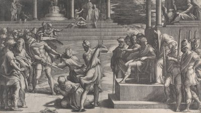 O martírio de São Paulo e a condenação de São Pedro, 1524-27. de Giovanni Jacopo Caraglio