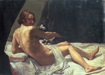 Jovem, deitado em uma cama com um gato, 1620 de Giovanni Lanfranco
