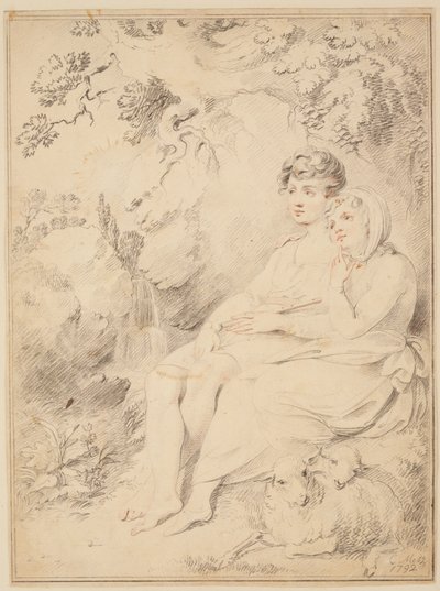 Menino e uma menina com flauta e ovelhas de Giovanni Lanfranco