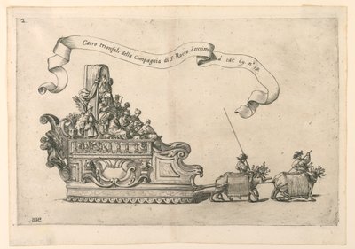 Um carro alegórico de desfile em Reggio, Itália: "A carruagem triunfal da Companhia de São Roque". Placa 2b de A. Isacchi, "Relação de Alfonso Isachi sobre a origem, solenidade, tradução e milagres da Madonna de Giovanni Luigi Valesio