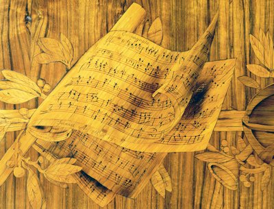 Partitura, parte central do embutido no armário de canto com uma única grande porta, de Giovanni Maffezzoli (1779-1818), aluno de Giuseppe Maggiolini, assinada e datada de 1798, Itália de Giovanni Maffezzoli