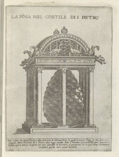 De Pigna te Vaticaanstand La Pina no Cortile di S. Pietro (título no objeto) Moderne en antieke monumenten en bouwwerken in Rome (título da série) Ornamentos de edifícios antigos e modernos da cidade alma de Roma (título da série) de Giovanni Maggi