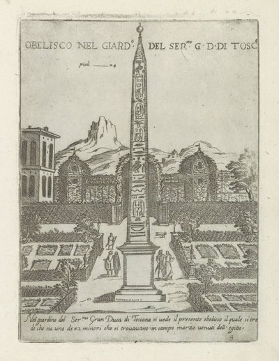 Obelisco egípcio no jardim da Villa Medici em Roma Obelisco nel giard.o del ser.mo G. D. Di Tosc.a (título no objeto) Monumentos e edifícios modernos e antigos em Roma (título da série) Ornamenti di fabriche antichi et moderni dell