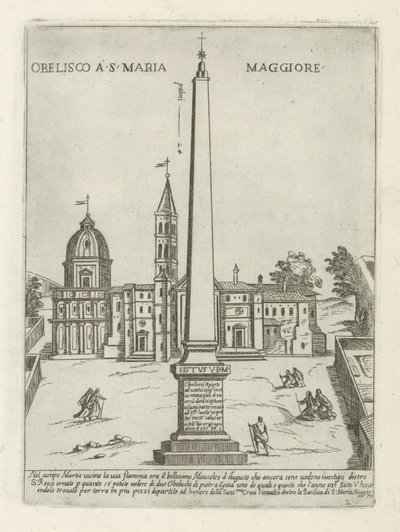 Obelisco de Santa Maria Maggiore Obelisco em S. Maria Maggiore (título no objeto) Moderne en antieke monumenten en bouwwerken in Rome (título da série) Ornamentos de edifícios antigos e modernos da cidade alma de Roma (título da série) de Giovanni Maggi