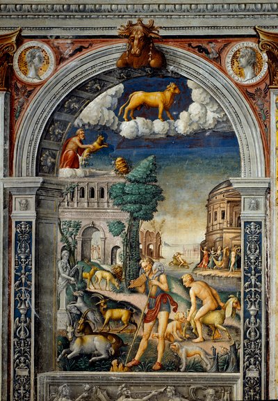 Signo do zodíaco: "O touro" Nos medalhões superiores com retratos de Tibere e Calígula. Em baixo, legenda associada ao nascimento da constelação correspondente ao signo: o deus Pan tocando a flauta. À esquerda, uma cabra põe uma pequena. B de Giovanni Maria Falconetto