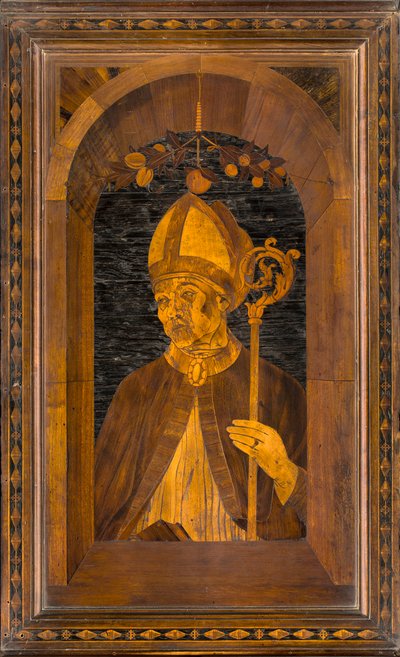 Coro canônico lignaino, Inlaid de Giovanni Maria Platina 1484, Stallo Superiore, Sant