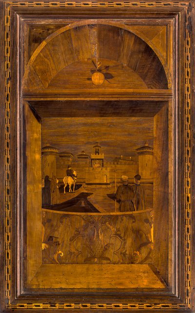Coro Canônico Lignaino, Inlaid de Giovanni Maria Platina 1484, Superior Stallo, Vista do Castelo Sforzesco de Milão de Giovanni Maria Platina