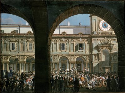 Domenico Pino fala à multidão na Praça Mercanti em Milão, 21 de Abril de 1814 (pintura de Giovanni Migliara