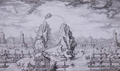 Fogos de artifício para Celebrar o Nascimento do Delfim (filho de Luís XV) gravados por Jean Dumont (Le Romain) (1701-81) 1730 (gravura) de Giovanni Niccolo (after) Servandoni