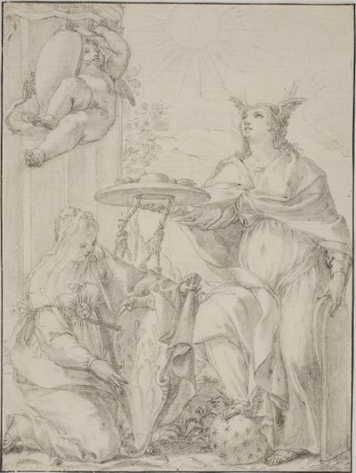 Alegoria com duas figuras femininas, uma representando a Fé segurando um brasão de Giovanni Odazzi
