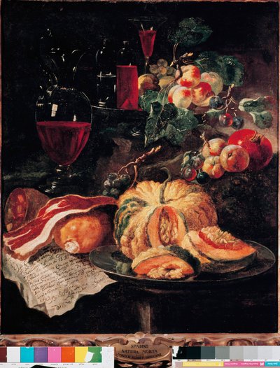 Ainda vida Abóbora, bacon, presunto, pêssegos e vinho. Pintura de Giovan Paolo Castelli dit Lo Spadino (1659-1730) 1703 Roma, Museu do Conservatori capitolini de Giovanni Paolo Castelli
