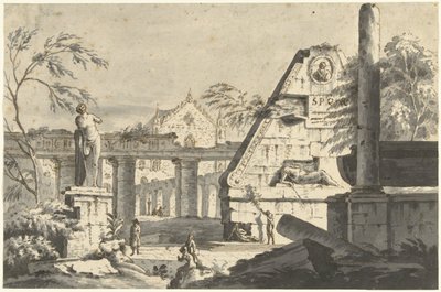 Paisagem com edifícios e estátuas em ruínas antigas de Giovanni Paolo Pannini (possibly)