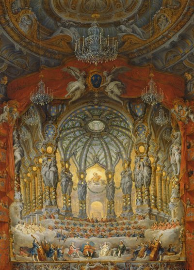 Concerto do Cardeal de La Rochefoucauld no Teatro da Argentina em Roma, sobre o casamento de Louis the Dauphin (1729-1765), filho de Luís XV, com Marie-Josephe da Saxônia (1731-1767), 1747 (óleo sobre canva) de Giovanni Paolo Pannini