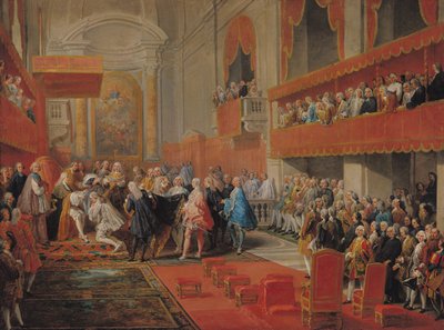 Apresentação da Ordem do Espírito Santo ao Príncipe Vaini por Paul-Hippolyte de Beauvillers (1684-1776) Duque de Saint-Aignan em 1732, c.1752 de Giovanni Paolo Pannini