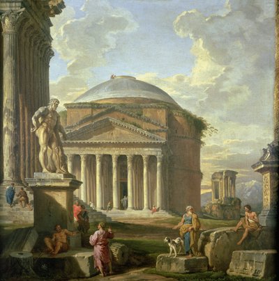 Vista do Panteão, o Hércules Farnese e outras ruínas romanas de Giovanni Paolo Pannini