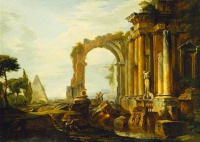 Um capricho de ruínas clássicas com a pirâmide de Cestius e figuras em uma paisagem, de Giovanni Paolo Pannini