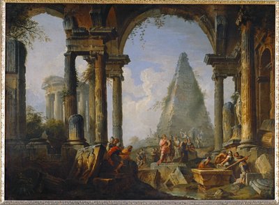 Alexandre o Grande em frente ao túmulo de Aquiles (pintura sobre tela) de Giovanni Paolo Pannini or Panini