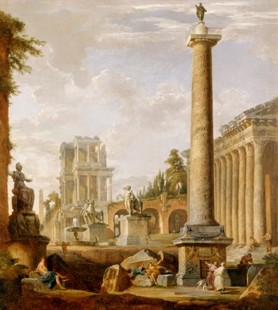 Capriccio de ruínas romanas com a Coluna de Trajano (óleo sobre tela) de Giovanni Paolo Pannini