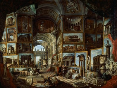 Galeria imaginária de vistas da Roma antiga, ca. 1756, de Giovanni Paolo Pannini (1691-1765), óleo sobre tela de Giovanni Paolo Pannini