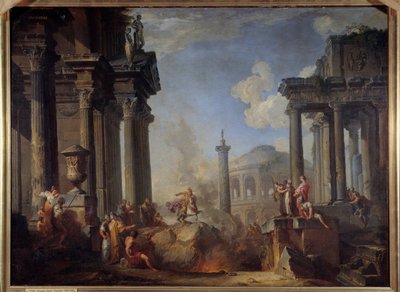 Marcus Curtius atirando-se no abismo O valente cidadão romano Marcus Curtius sacrificou-se aos deuses romanos atirando-se a um fórum em 362 AC. Pintura de Giovanni Paolo Pannini (Panini) (1691-1765) Sol do século XVIII. 0,99 x 1,34 m de Giovanni Paolo Pannini