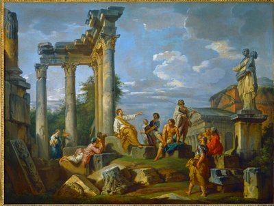 Predador no meio de ruínas em Roma enriquecidas com figuras, com o Panteão e a estátua de Flora ... (pintura sobre tela) de Giovanni Paolo Pannini or Panini