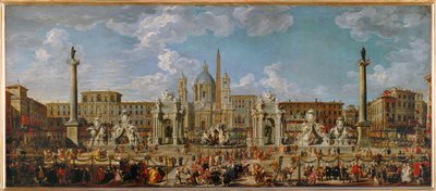 Os preparativos para o fogo de artifício e as decorações para as festividades na Piazza Navona, em Roma, a 30 de novembro ... de Giovanni Paolo Pannini or Panini